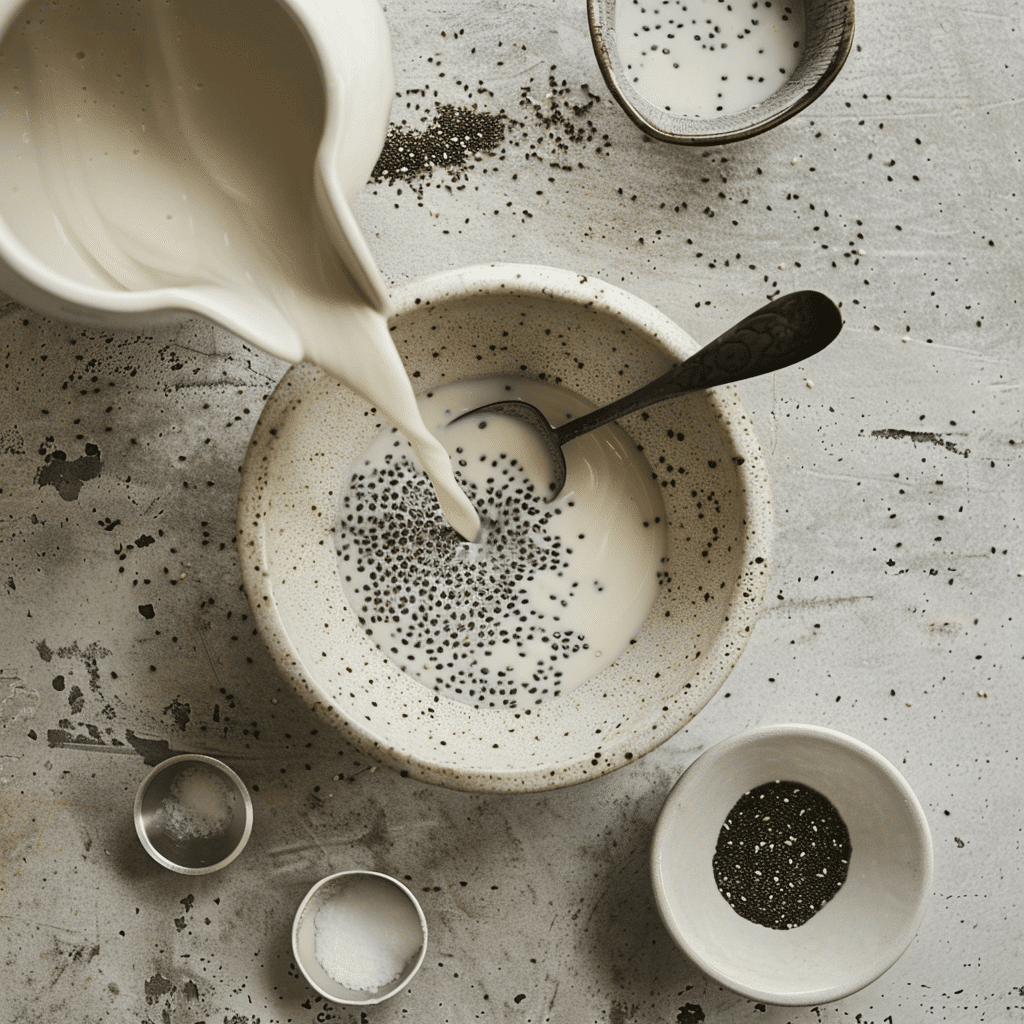 Step-by-step preparation of chia seed pudding in a bowl