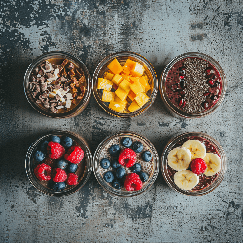 six jars of chia pudding with different flavors and toppings