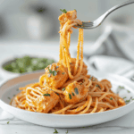 Serving of creamy chicken spaghetti twirled on a fork