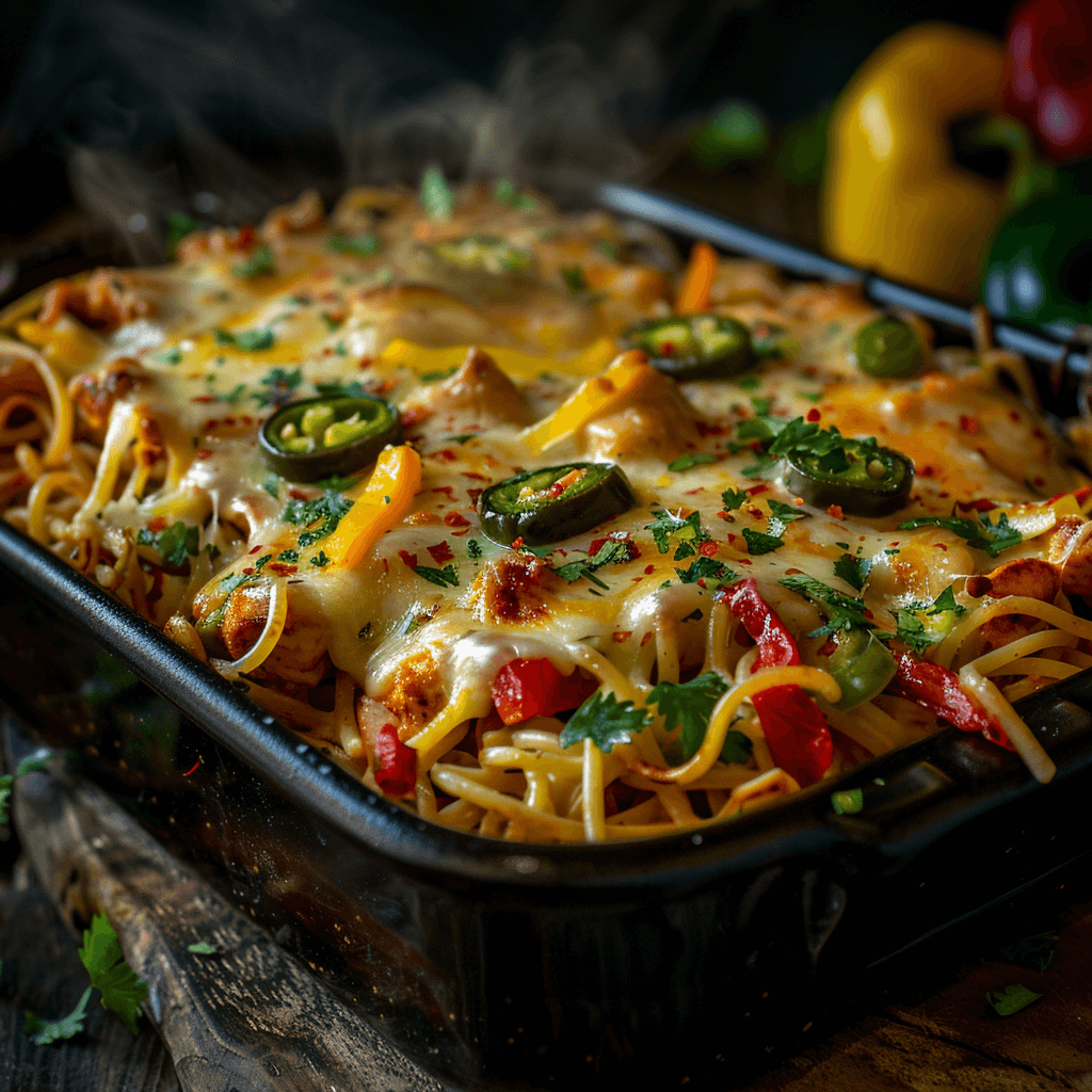 Spicy chicken spaghetti with jalapeños and red peppers