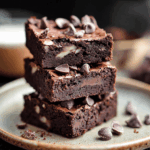 Fudgy almond pulp brownies stacked with chocolate chips on top.