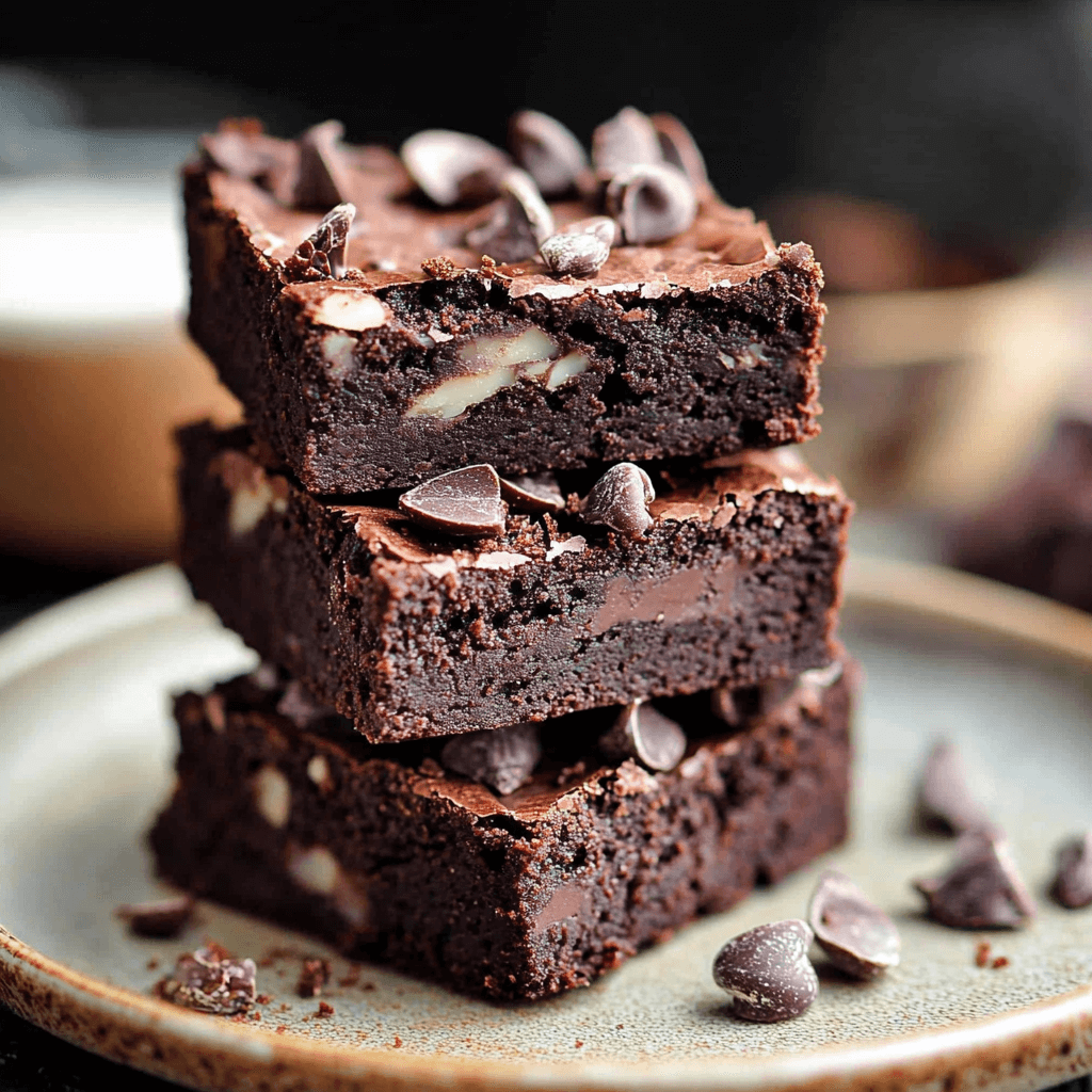 Fudgy almond pulp brownies stacked with chocolate chips on top.
