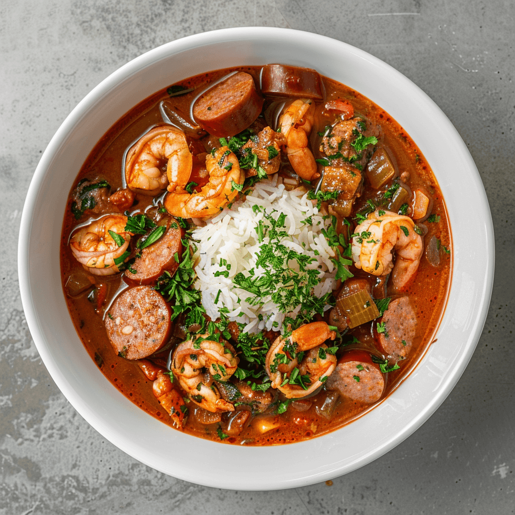 New Orleans Creole gumbo served with shrimp, crab, and andouille sausage
