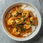 Creole gumbo with rice and French bread on the side