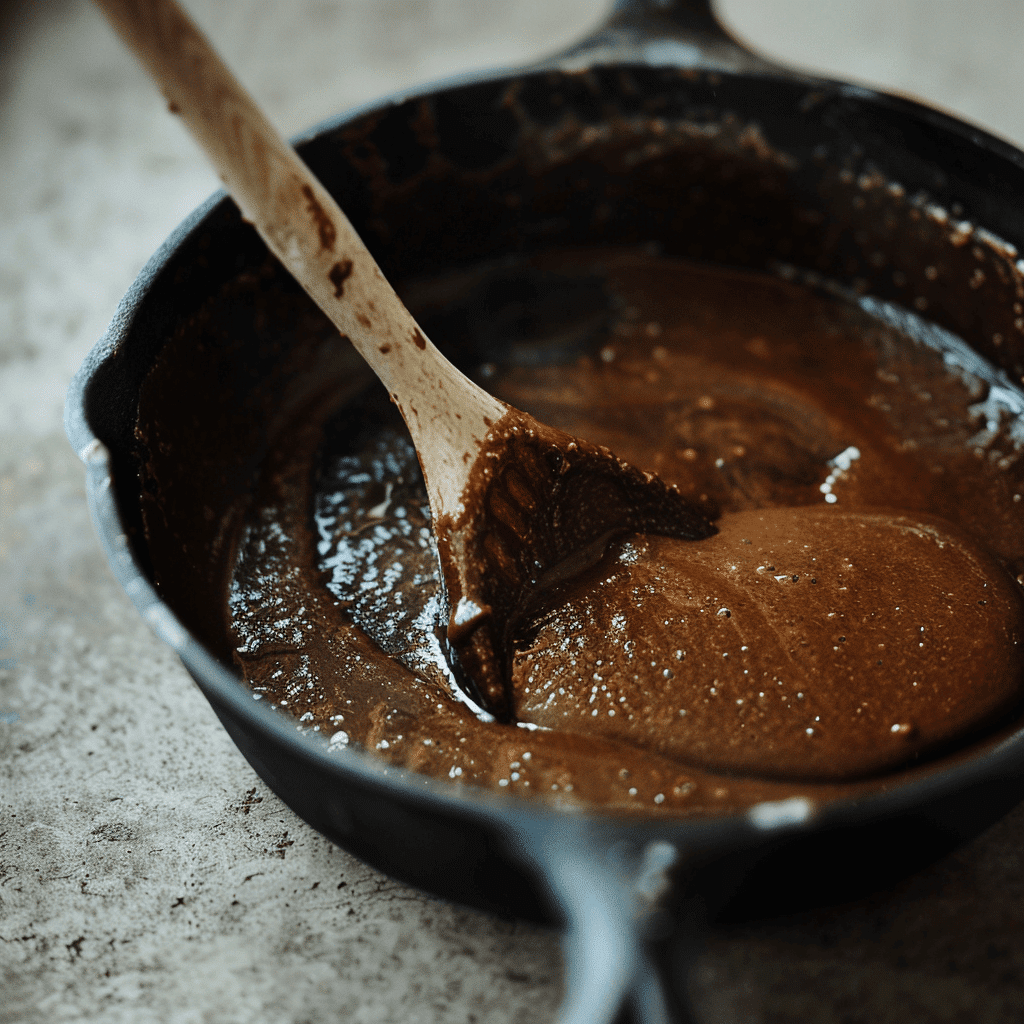 Chocolate-colored roux for Creole gumbo in a cast iron pot