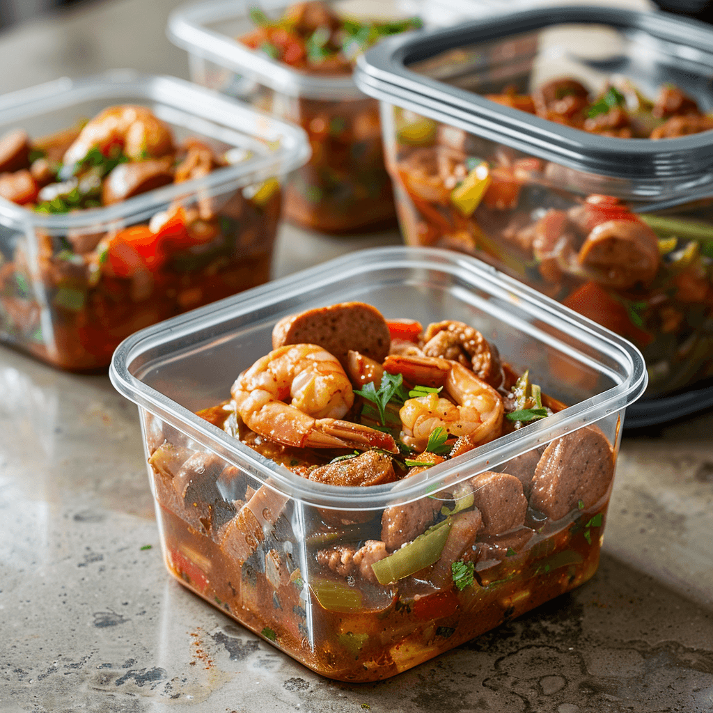 Leftover Creole gumbo in food storage containers