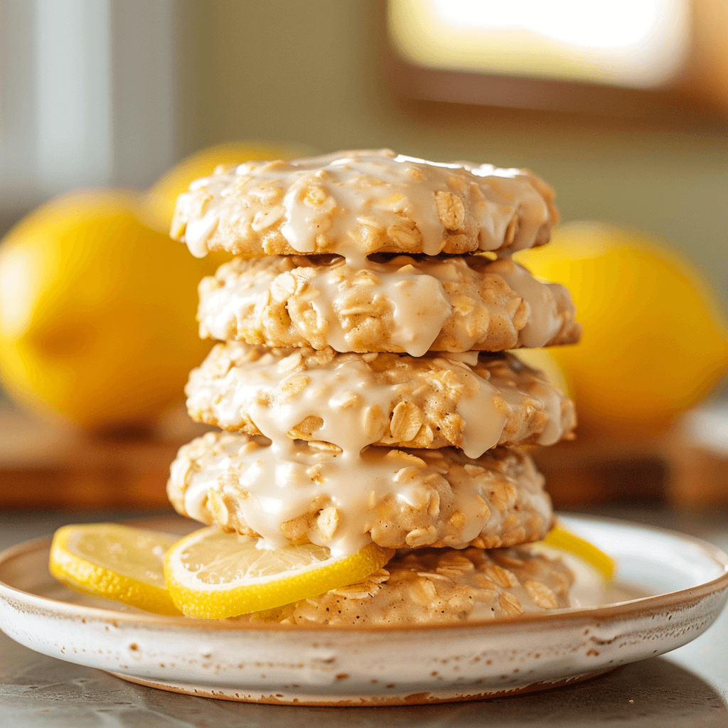 Stack of lemon oatmeal no-bake cookies with lemon slices and oats on a ceramic plate.