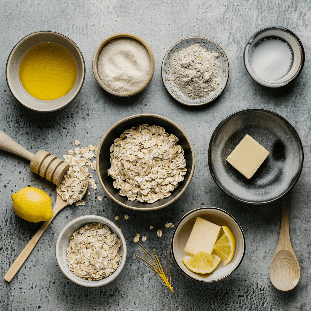 Overhead view of all ingredients for lemon oatmeal no-bake cookies arranged on a kitchen counter.