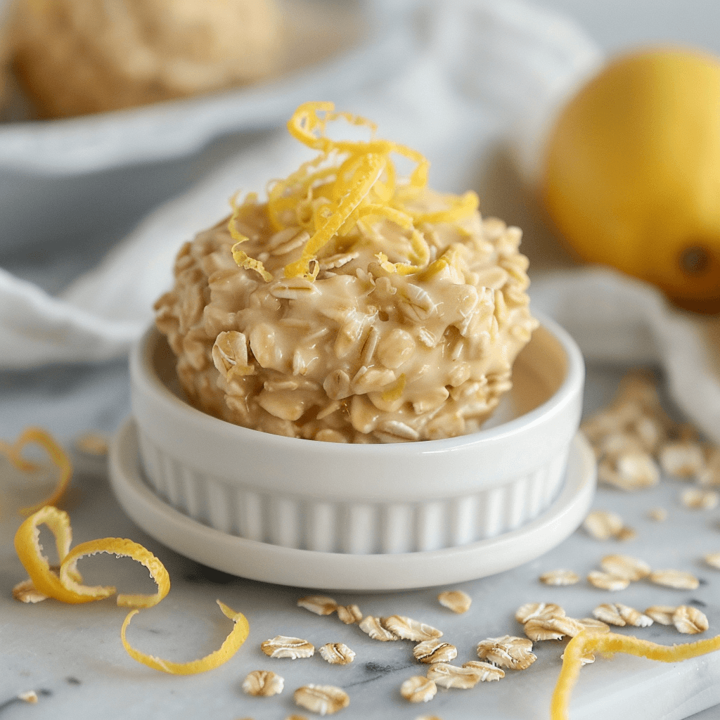 lemon oatmeal no-bake cookies with mint and lemon garnish.