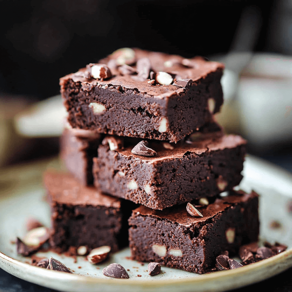 Moist almond pulp brownies stacked on a plate with cacao nibs and almond chunks.