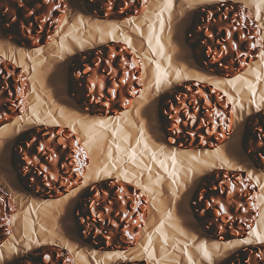 Overhead view of freshly made no bake cookies on parchment paper