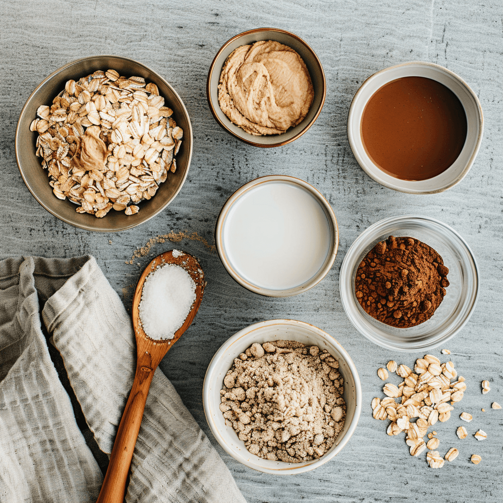 No bake cookie ingredients measured and laid out on a counter