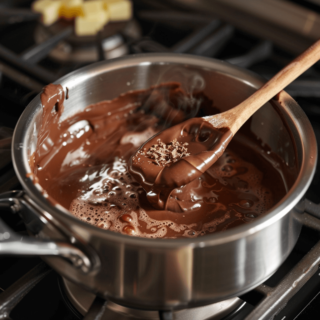 Close-up of melted butter, sugar, cocoa, and milk in saucepan