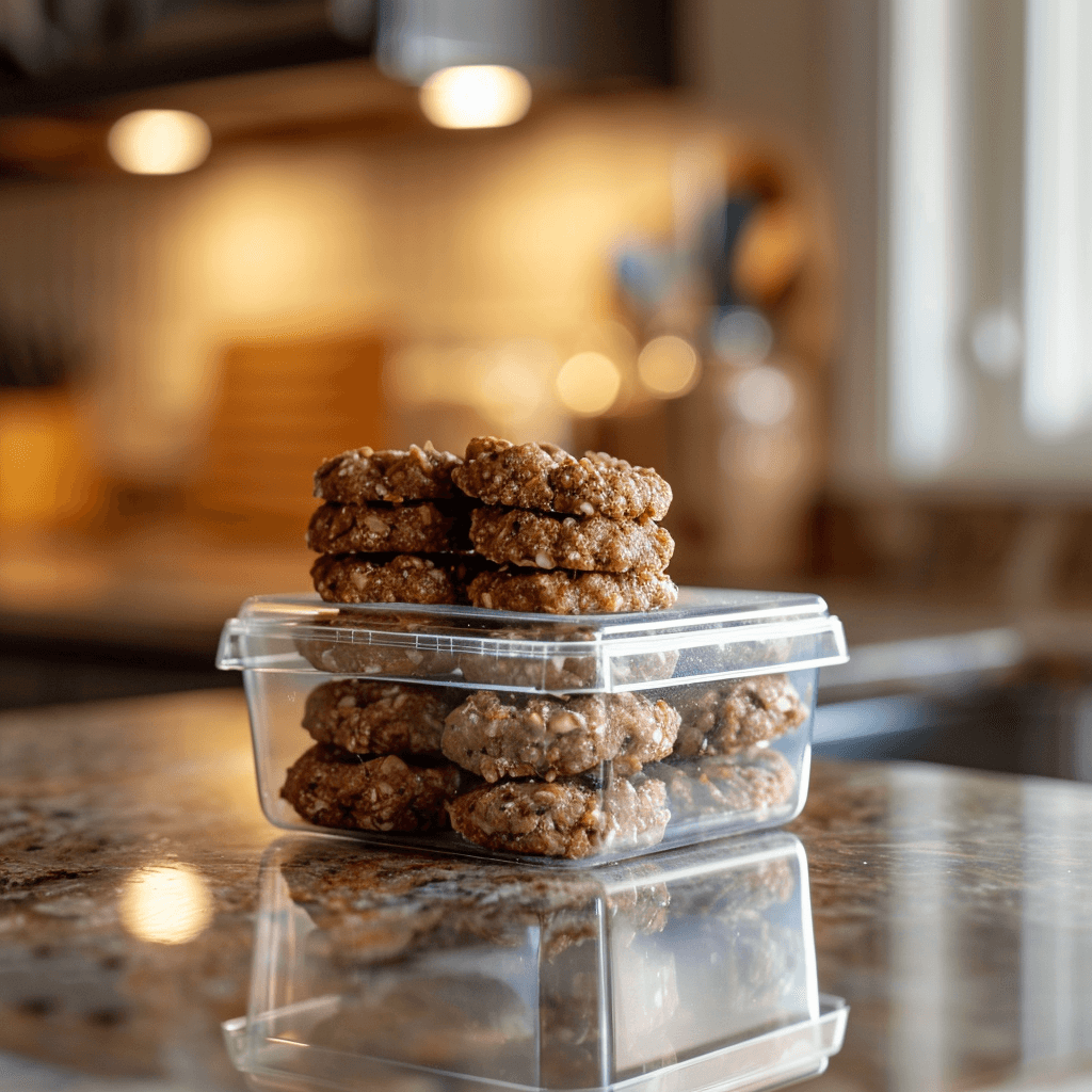 Stacked no bake cookies in an airtight container