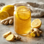 Glass of classic switchel with lemon and ginger