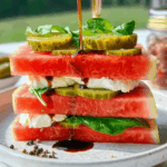 Watermelon sandwich made without bread, layered with burrata, prosciutto, and pickles