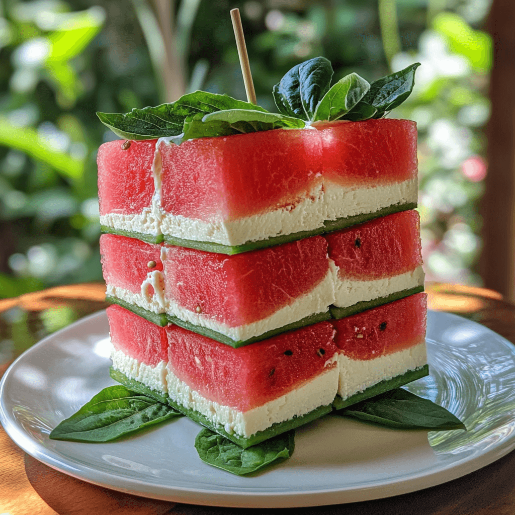Watermelon sandwich without bread stacked in tower shape with cheese and greens, held by toothpick, colorful and fresh.