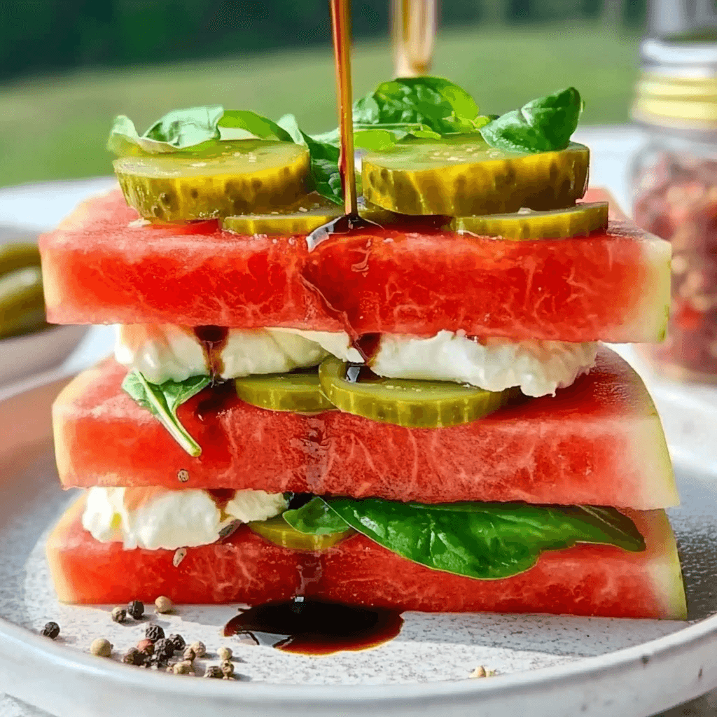 Watermelon sandwich made without bread, layered with burrata, prosciutto, and pickles