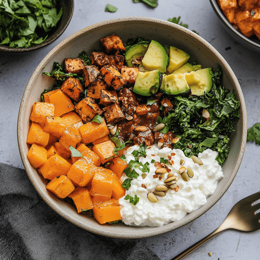 Fully assembled Cottage Cheese Sweet Potato Bowl