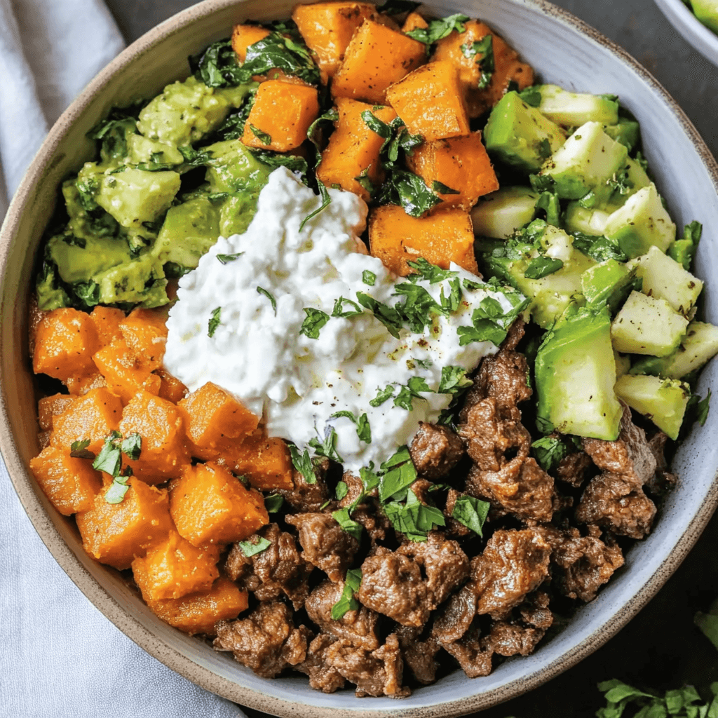 Cottage Cheese Sweet Potato Bowl served with avocado and hot honey