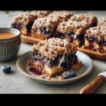 Moist blueberry coffee cake with a golden streusel top