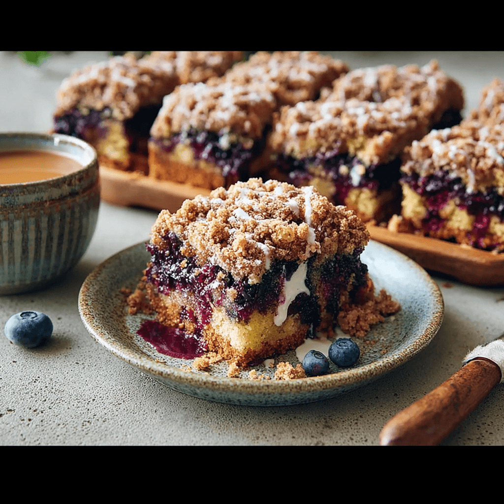 Moist blueberry coffee cake with a golden streusel top