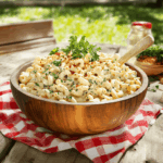 barbecue macaroni salad in rustic bowl on picnic table