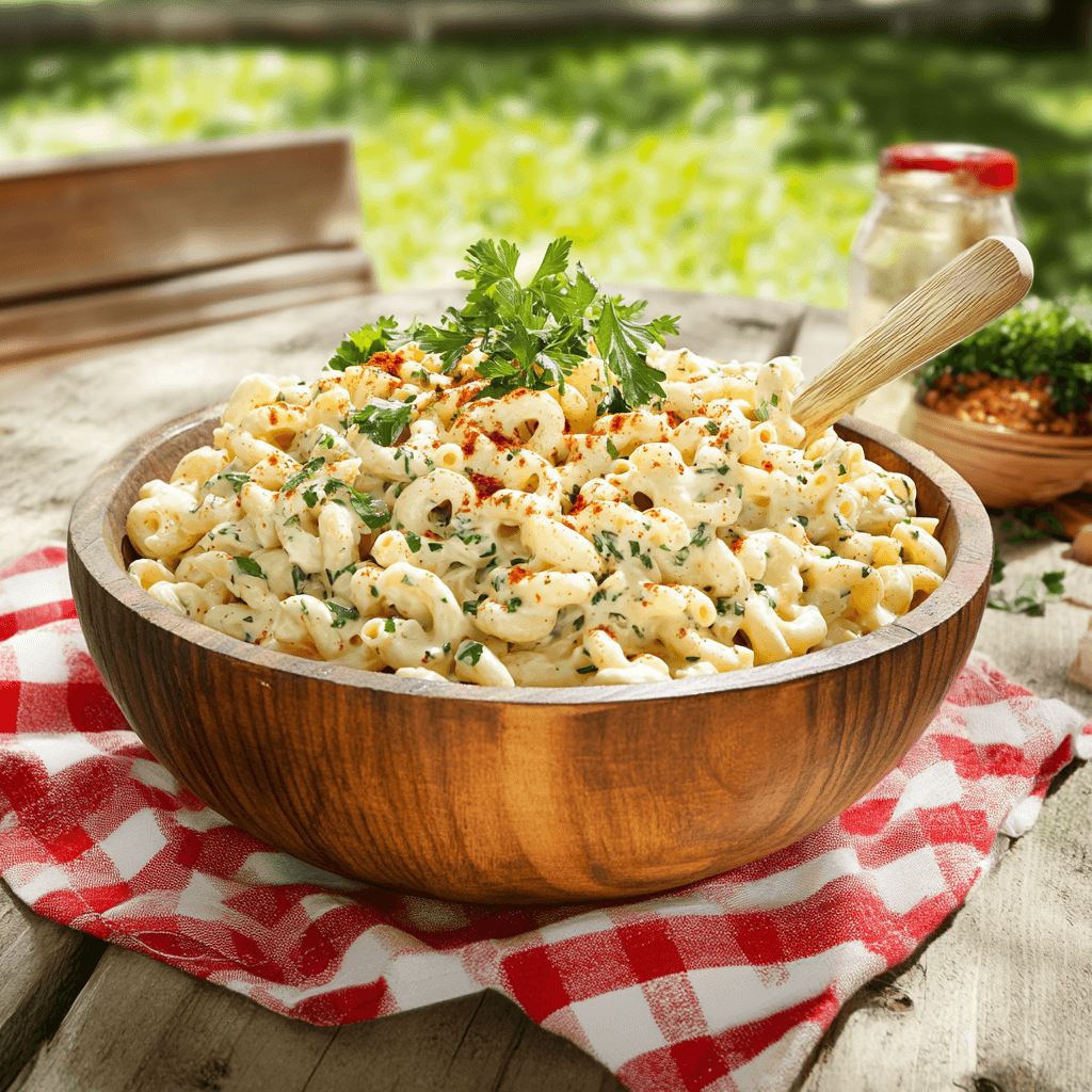 barbecue macaroni salad in rustic bowl on picnic table
