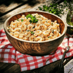 barbecue macaroni salad in rustic bowl on picnic table
