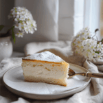 A slice of cloud cake served with whipped cream