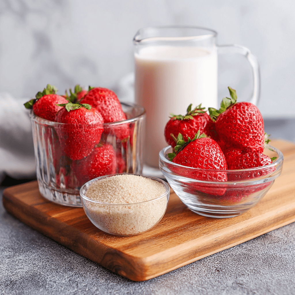 korean strawberry milk ingredients on table