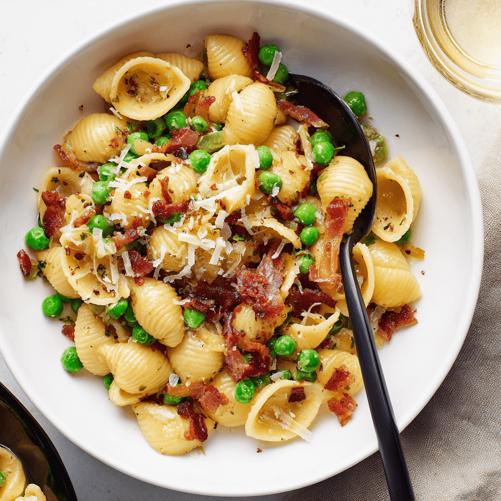 Pasta with bacon and peas in a bowl