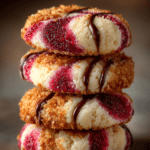 Strawberry Cheesecake No-Bake Cookies stacked with jam swirl and chocolate drizzle