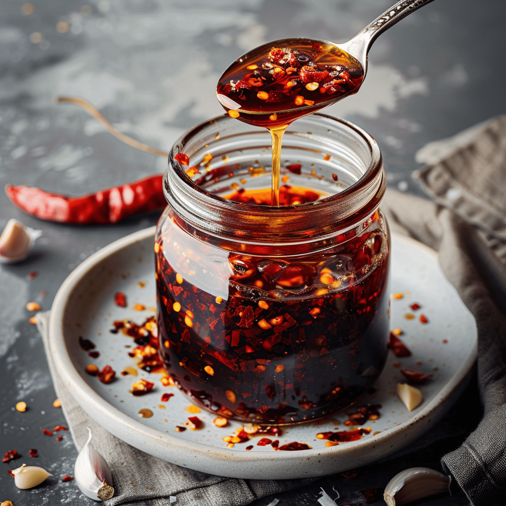 Homemade chili oil recipe with Sichuan peppercorns and chili flakes in a glass jarHomemade chili oil recipe with Sichuan peppercorns and chili flakes in a glass jar