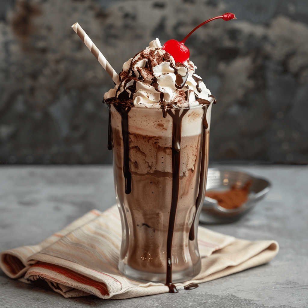 Chocolate Milkshake Recipe topped with whipped cream, chocolate drizzle, and cherry in a tall glass
