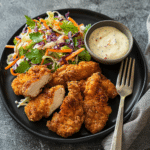 Crumbed Chicken served crispy and golden with a fresh cabbage salad and creamy dipping sauce on a black plate