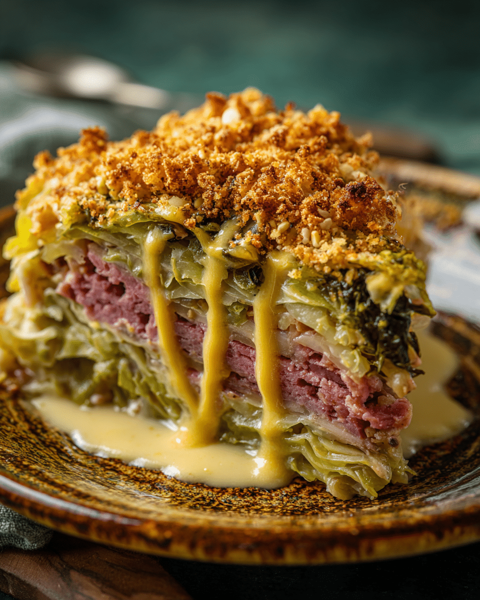 Corned Beef and Cabbage Casserole slice layered with tender corned beef, cabbage, and creamy sauce on a rustic plate