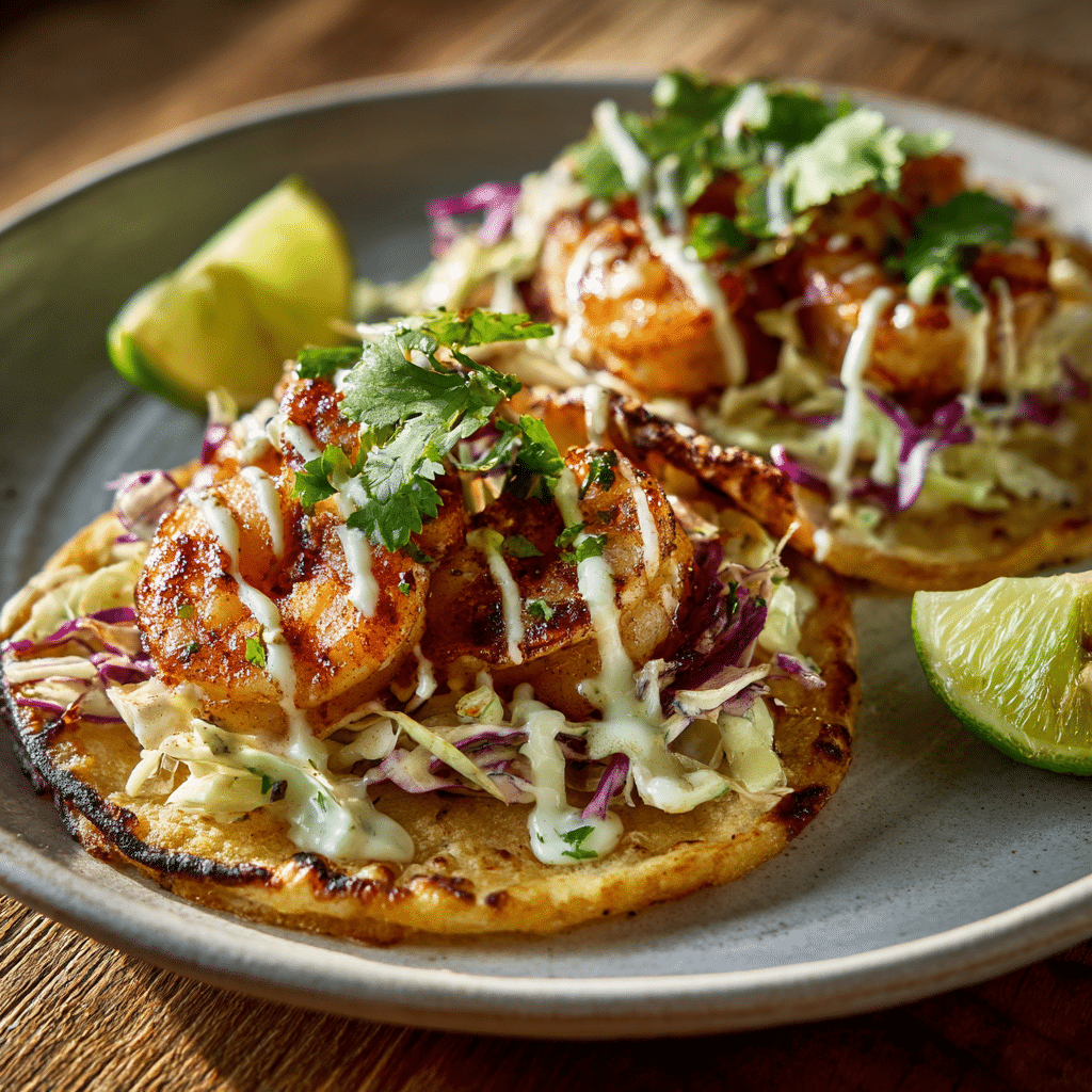 Garlic shrimp tacos filled with buttery garlic shrimp, fresh cabbage, and lime on warm tortillas