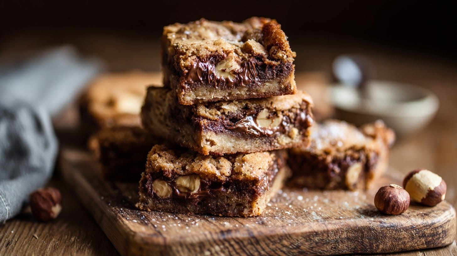 Sliced Brown Butter Nutella Stuffed Cookie Bars showing gooey center on a wooden board.