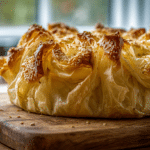 Golden brown Crinkle Feta Phyllo Bake with crispy pleats on wood.