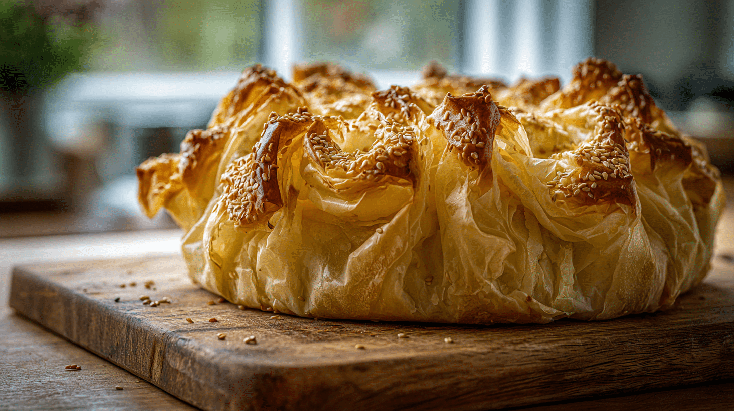 Golden brown Crinkle Feta Phyllo Bake with crispy pleats on wood.