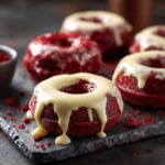 Glazed eggless red velvet donuts on a slate board.