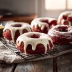 Fried red velvet donuts with cream cheese glaze on rack
