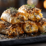 Hot Honey Feta Phyllo Rolls with sesame seeds on slate.