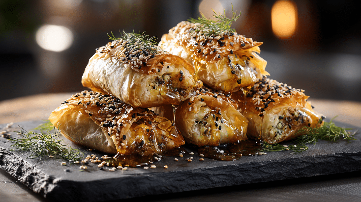 Hot Honey Feta Phyllo Rolls with sesame seeds on slate.