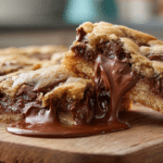 Gooey Kinder Nutella Stuffed Cookie Bars slice with melted filling.