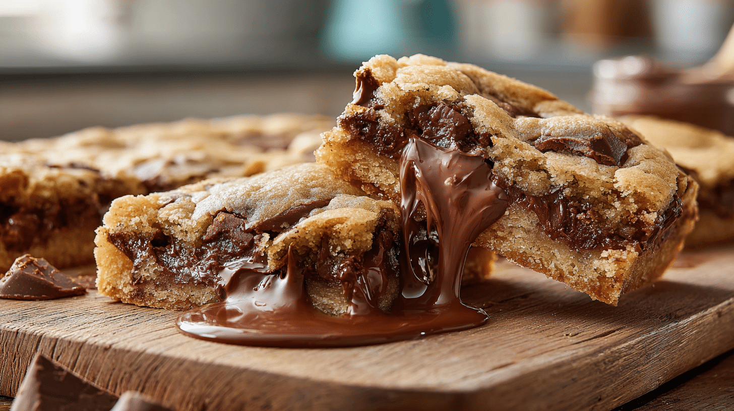 Gooey Kinder Nutella Stuffed Cookie Bars slice with melted filling.