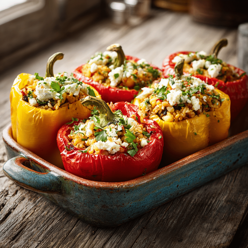 Mediterranean stuffed peppers with feta and chickpeas in baking dish.