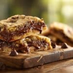 Nutella stuffed chocolate chip cookie bars with gooey center on a rustic board.