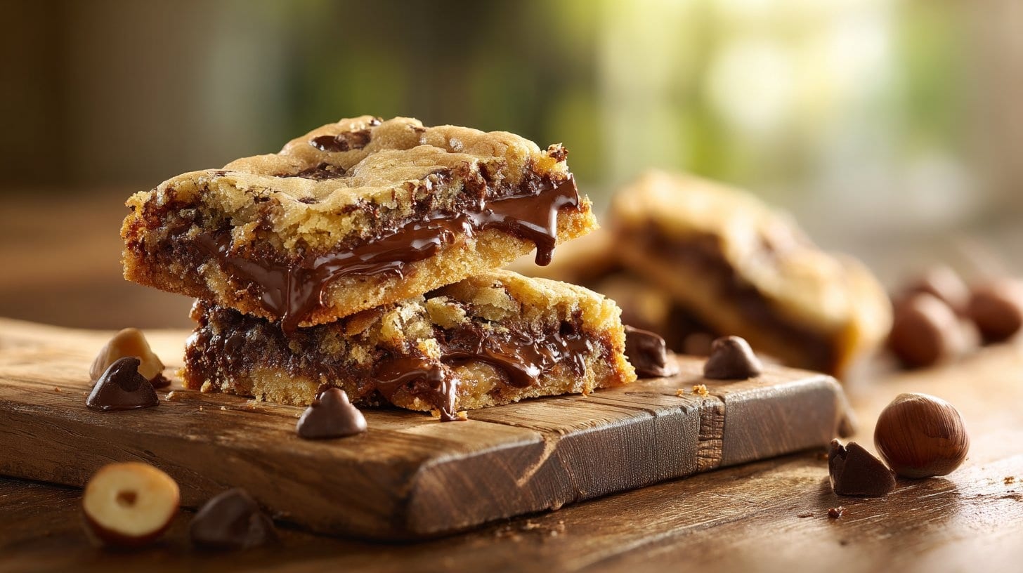Nutella stuffed chocolate chip cookie bars with gooey center on a rustic board.